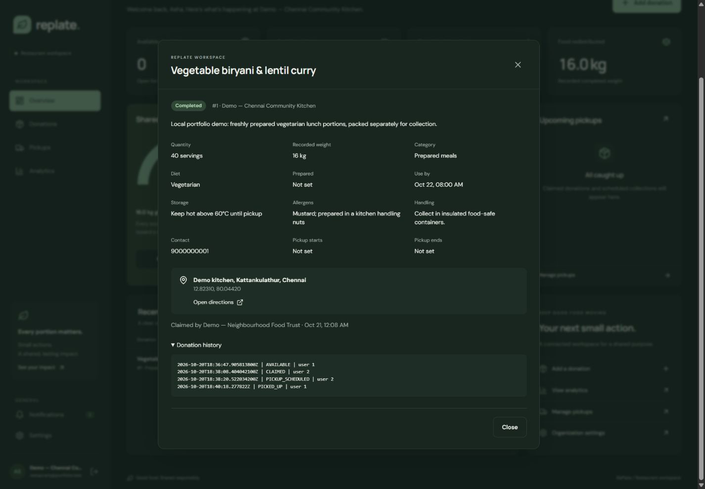RePlate completed donation and its recorded status history