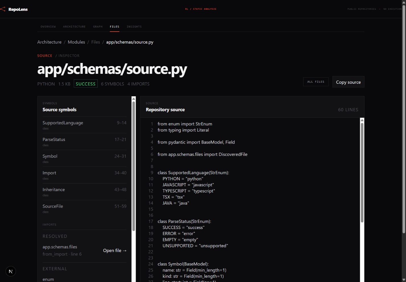 RepoLens source inspector showing parsed symbols and actual source code